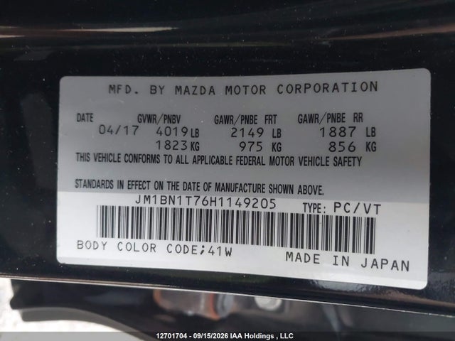 12701704 :رقم المزاد ، JM1BN1T76H1149205 vin ، 2017 Mazda 3 Se مزاد بيع