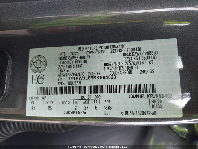 2025 Ford F-150 Xlt მანქანა იყიდება აუქციონზე, vin: 1FTFW3L85SKE94620, აუქციონის ნომერი: 12701711