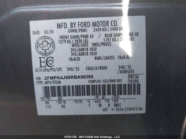 Продаж на аукціоні авто 2024 Ford Edge Sel, vin: 2FMPK4J98RBA98389, номер лоту: 12701726