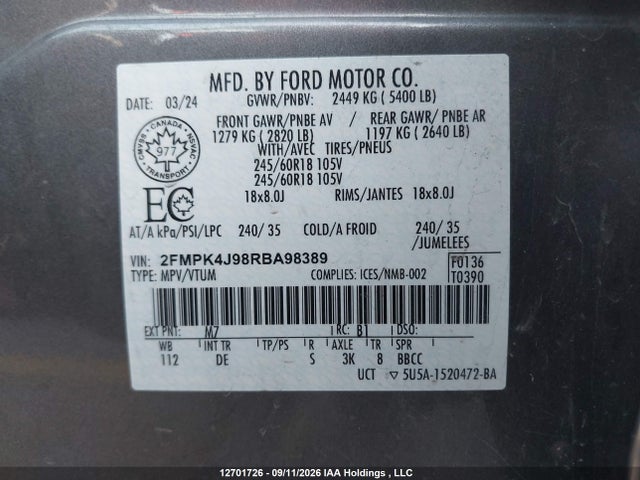 Продаж на аукціоні авто 2024 Ford Edge Sel, vin: 2FMPK4J98RBA98389, номер лоту: 12701726