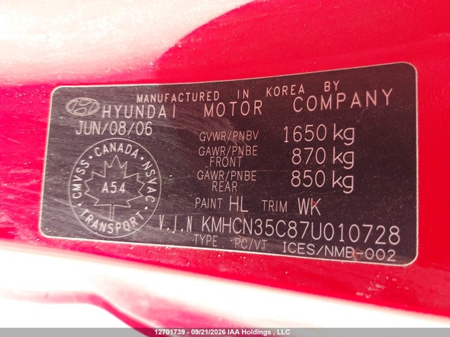 Aukcja sprzedaży 2007 Hyundai Accent Gs/sr, vin: KMHCN35C87U010728, numer aukcji: 12701739