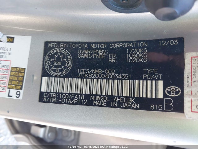 Aukcja sprzedaży 2004 Toyota Prius, vin: JTDKB20U040034351, numer aukcji: 12701742