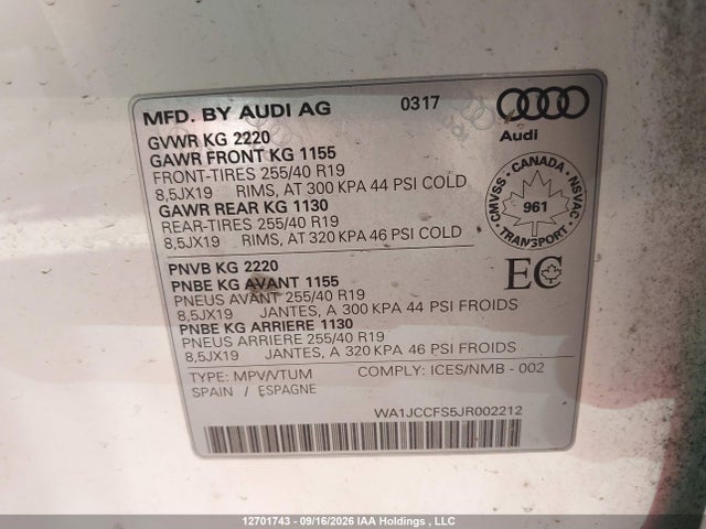 Aukcja sprzedaży 2018 Audi Q3 Premium Plus, vin: WA1JCCFS5JR002212, numer aukcji: 12701743