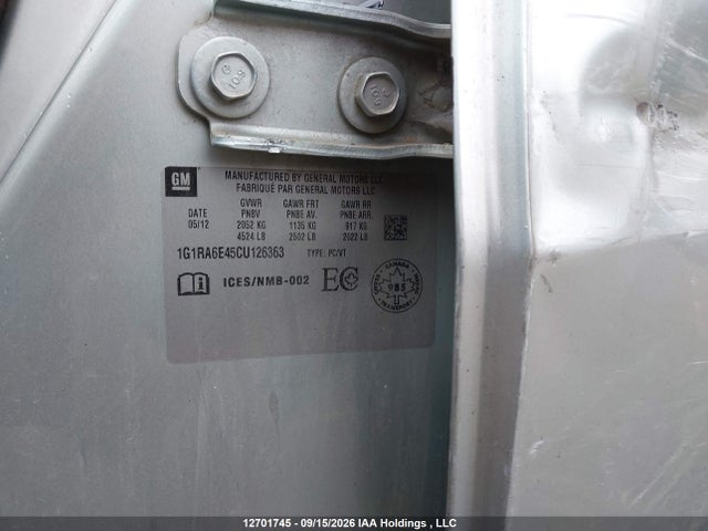 2012 Chevrolet Volt მანქანა იყიდება აუქციონზე, vin: 1G1RA6E45CU126363, აუქციონის ნომერი: 12701745