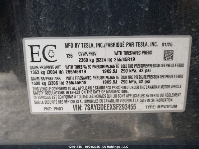Tesla Model Y 2025 7SAYGDEEXSF293455 Image 9
