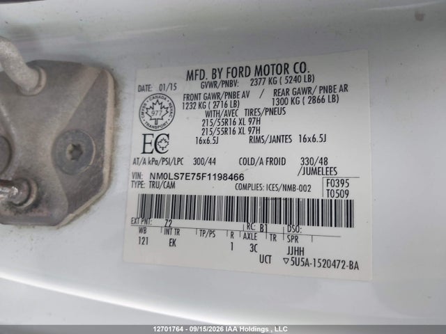 2015 Ford Transit Connect მანქანა იყიდება აუქციონზე, vin: NM0LS7E75F1198466, აუქციონის ნომერი: 12701764