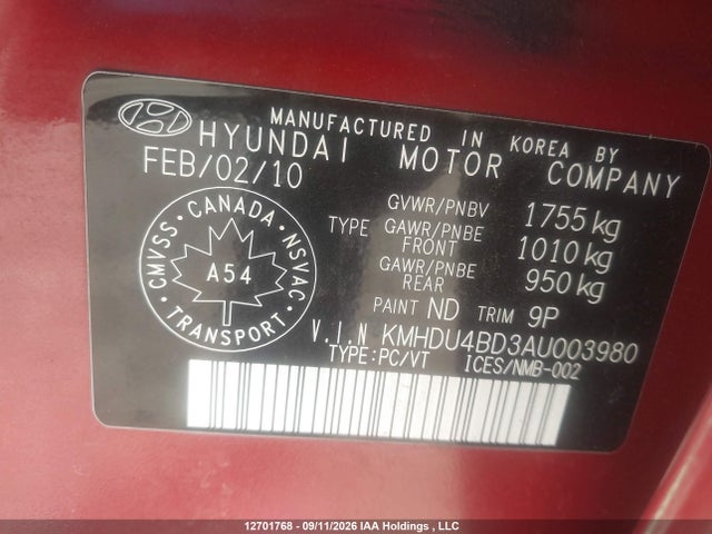 Aukcja sprzedaży 2010 Hyundai Elantra, vin: KMHDU4BD3AU003980, numer aukcji: 12701768