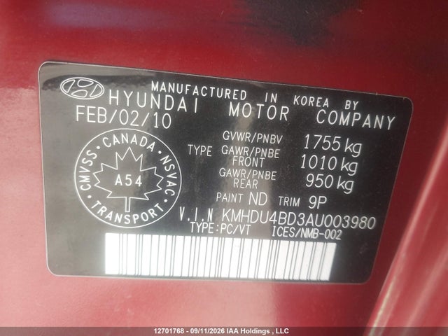 Aukcja sprzedaży 2010 Hyundai Elantra, vin: KMHDU4BD3AU003980, numer aukcji: 12701768