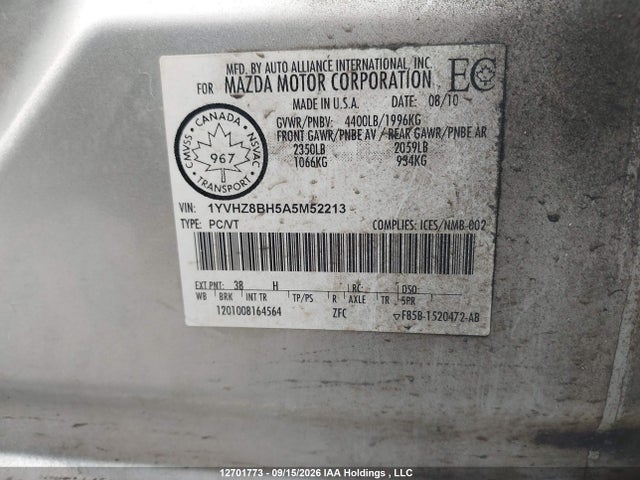 2010 Mazda 6 მანქანა იყიდება აუქციონზე, vin: 1YVHZ8BH5A5M52213, აუქციონის ნომერი: 12701773