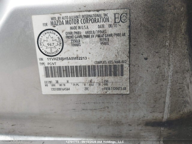 2010 Mazda 6 მანქანა იყიდება აუქციონზე, vin: 1YVHZ8BH5A5M52213, აუქციონის ნომერი: 12701773