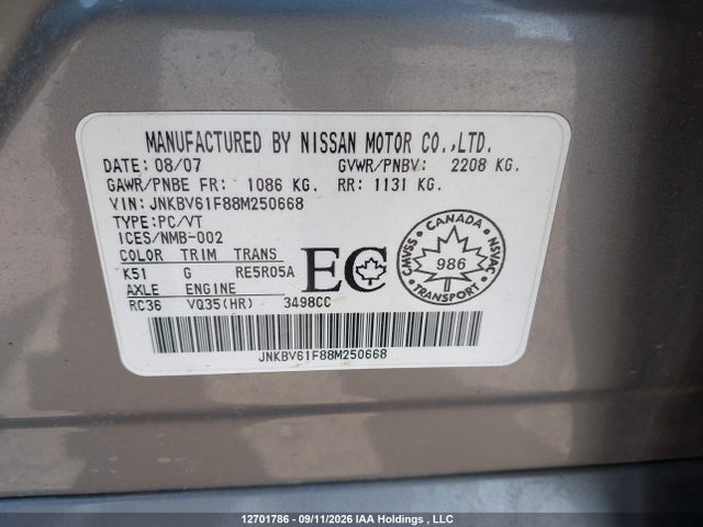 Aukcja sprzedaży 2008 Infiniti G35, vin: JNKBV61F88M250668, numer aukcji: 12701786
