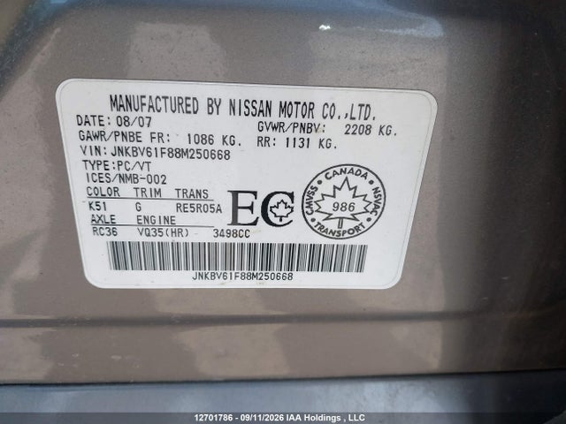 Aukcja sprzedaży 2008 Infiniti G35, vin: JNKBV61F88M250668, numer aukcji: 12701786