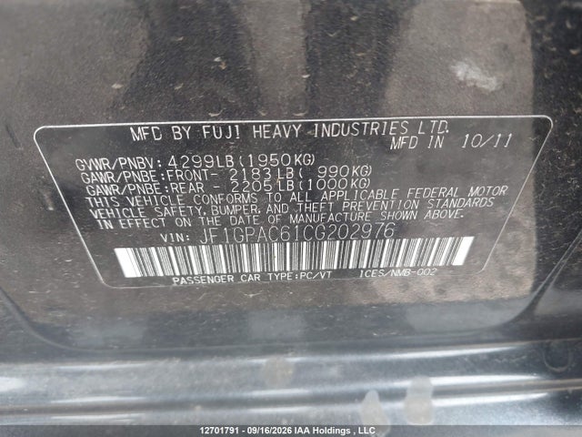 Продаж на аукціоні авто 2012 Subaru Impreza 2.0i Touring Package, vin: JF1GPAC61CG202976, номер лоту: 12701791