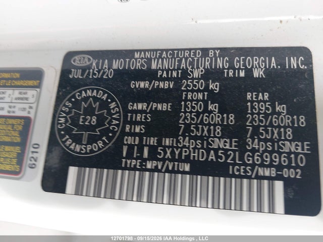 Aukcja sprzedaży 2020 Kia Sorento Ex/s, vin: 5XYPHDA52LG699610, numer aukcji: 12701798