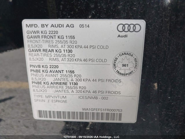 Aukcja sprzedaży 2015 Audi Q3 Prestige, vin: WA1GFEFS1FR000753, numer aukcji: 12701800