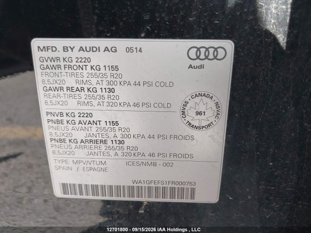Aukcja sprzedaży 2015 Audi Q3 Prestige, vin: WA1GFEFS1FR000753, numer aukcji: 12701800