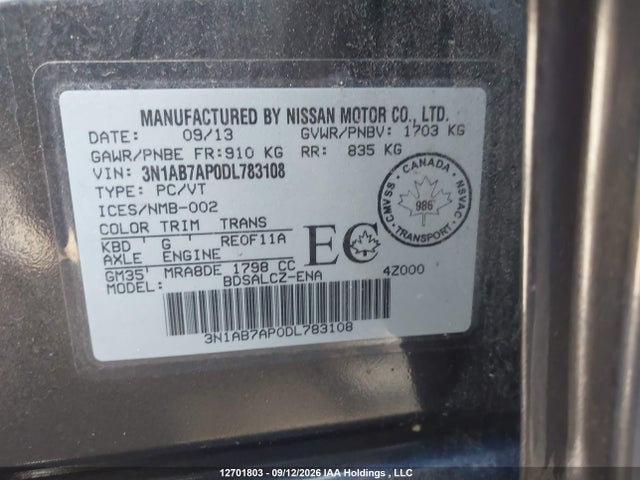Aukcja sprzedaży 2013 Nissan Sentra S/sv/sr/sl, vin: 3N1AB7AP0DL783108, numer aukcji: 12701803