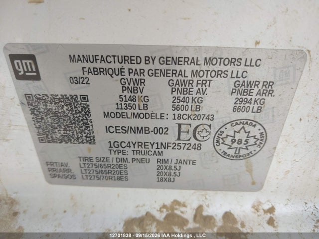 2022 Chevrolet Silverado 2500hd High Country მანქანა იყიდება აუქციონზე, vin: 1GC4YREY1NF257248, აუქციონის ნომერი: 12701838