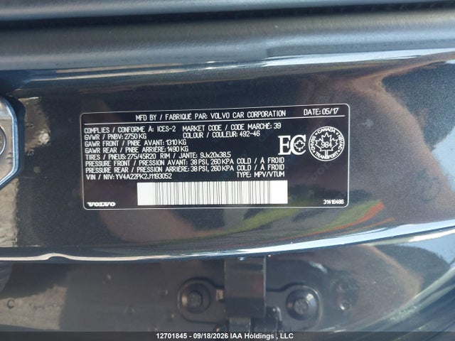 12701845 :رقم المزاد ، YV4A22PK2J1193052 vin ، 2018 Volvo Xc90 مزاد بيع