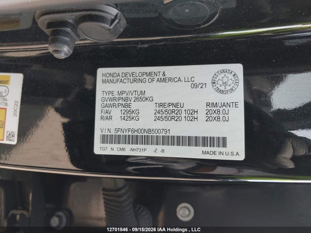 5FNYF6H00NB500791 Honda Pilot Black Edition