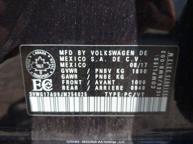 Aukcja sprzedaży 2018 Volkswagen Golf, vin: 3VWG17AU9JM256025, numer aukcji: 12701853