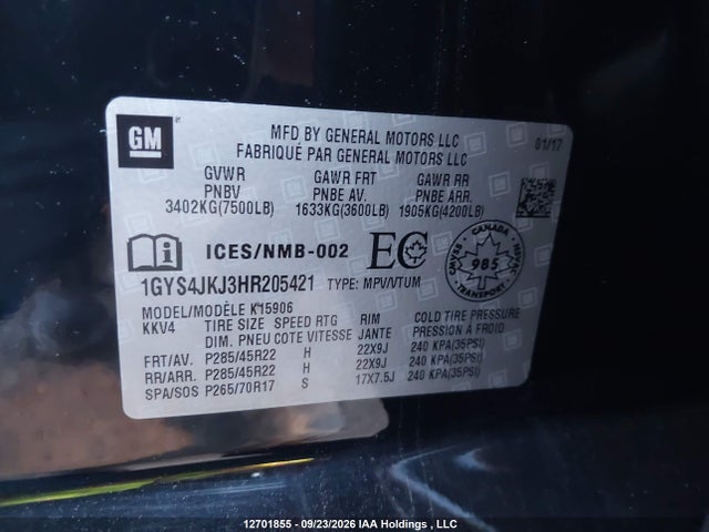 Auction sale of the 2017 Cadillac Escalade Esv Premium Luxury, vin: 1GYS4JKJ3HR205421, lot number: 12701855