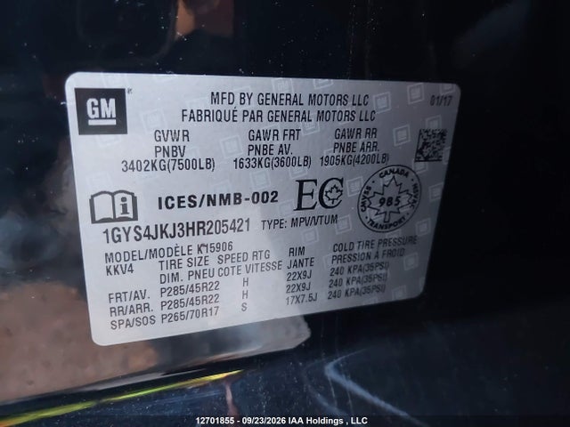 Auction sale of the 2017 Cadillac Escalade Esv Premium Luxury, vin: 1GYS4JKJ3HR205421, lot number: 12701855