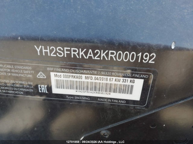 Продажа на аукционе авто 2019 Skidoo , vin: YH2SFRKA2KR000192, номер лота: 12701858