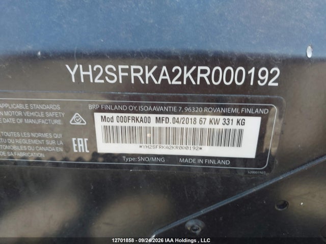 Продажа на аукционе авто 2019 Skidoo , vin: YH2SFRKA2KR000192, номер лота: 12701858