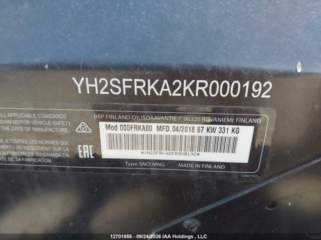 Продажа на аукционе авто 2019 Skidoo , vin: YH2SFRKA2KR000192, номер лота: 12701858