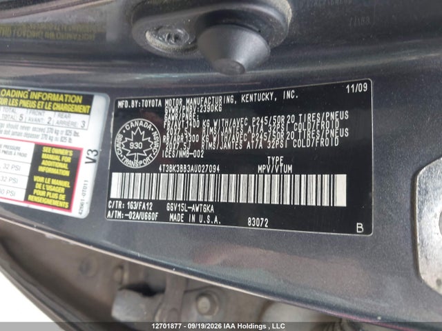 Aukcja sprzedaży 2010 Toyota Venza Base V6, vin: 4T3BK3BB3AU027094, numer aukcji: 12701877
