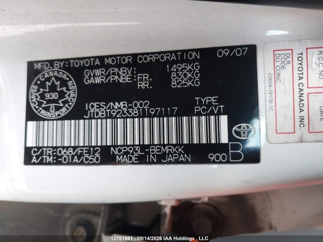 Продажа на аукционе авто 2008 Toyota Yaris, vin: JTDBT923381197117, номер лота: 12701881