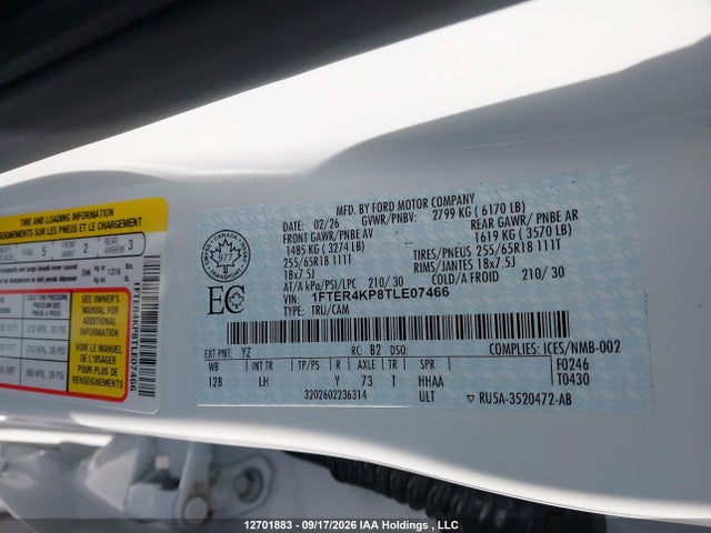 2026 Ford Ranger Lariat მანქანა იყიდება აუქციონზე, vin: 1FTER4KP8TLE07466, აუქციონის ნომერი: 12701883