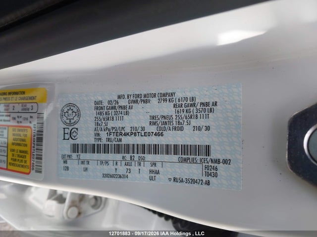 2026 Ford Ranger Lariat მანქანა იყიდება აუქციონზე, vin: 1FTER4KP8TLE07466, აუქციონის ნომერი: 12701883