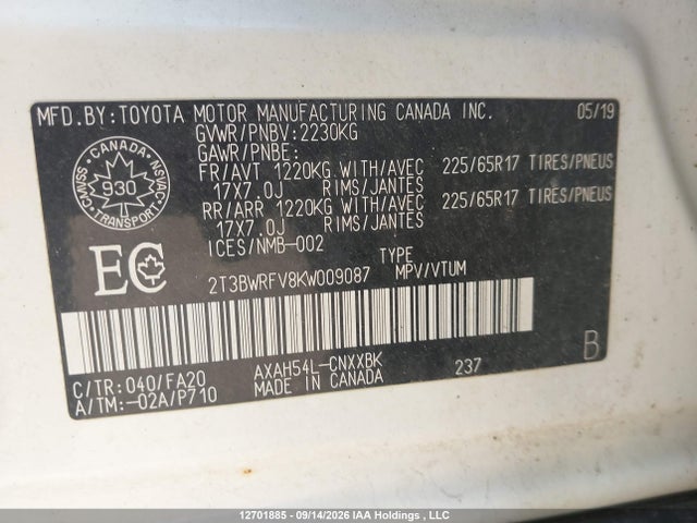 2T3BWRFV8KW009087 Toyota RAV4 LE