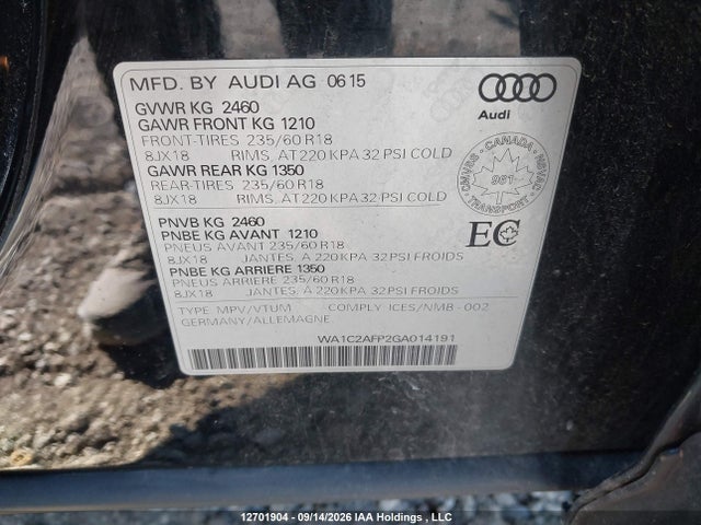 12701904 :رقم المزاد ، WA1C2AFP2GA014191 vin ، 2016 Audi Q5 Premium مزاد بيع