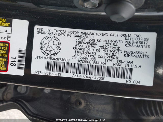 12694379 :رقم المزاد ، 5TEMU4FN6AZ673683 vin ، 2010 Toyota Tacoma V6 مزاد بيع