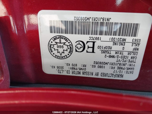 12666422 :رقم المزاد ، JN1BJ1CR1JW209352 vin ، 2018 Nissan Qashqai S/sl/sv مزاد بيع