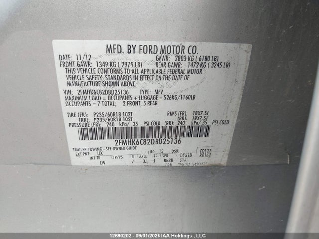 12690202 :رقم المزاد ، 2FMHK6C82DBD25136 vin ، 2013 Ford Flex Sel مزاد بيع