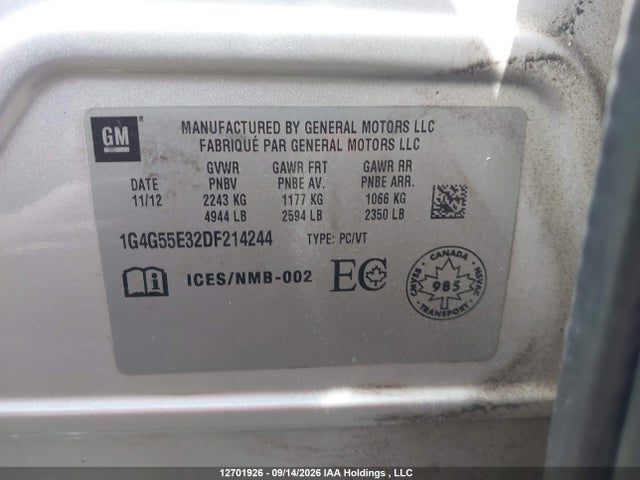 12701926 :رقم المزاد ، 1G4G55E32DF214244 vin ، 2013 Buick Lacrosse مزاد بيع