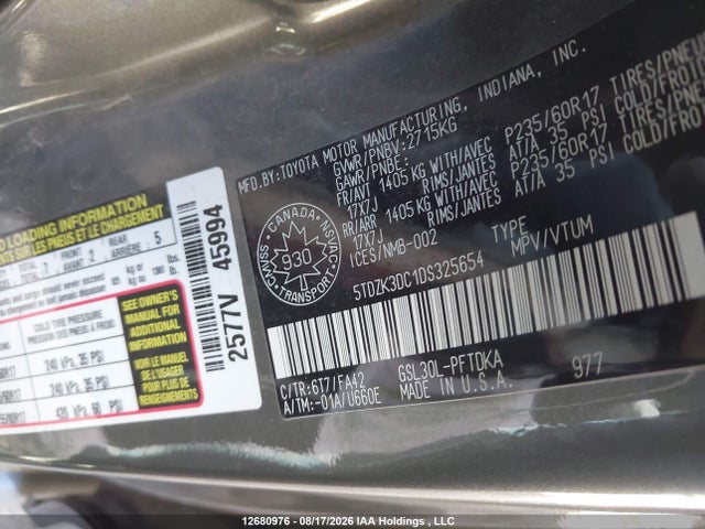 12680976 :رقم المزاد ، 5TDZK3DC1DS325654 vin ، 2013 Toyota Sienna V6 7 Passenger مزاد بيع