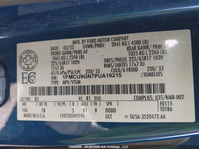 2023 Ford Escape Active მანქანა იყიდება აუქციონზე, vin: 1FMCU9GN7PUA19215, აუქციონის ნომერი: 12688996