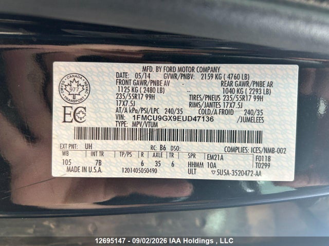 Продаж на аукціоні авто 2014 Ford Escape Se, vin: 1FMCU9GX9EUD47136, номер лоту: 12695147