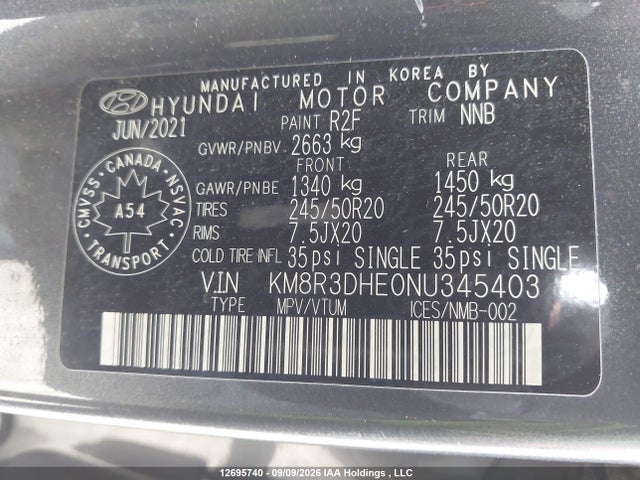 12695740 :رقم المزاد ، KM8R3DHE0NU345403 vin ، 2022 Hyundai Palisade Luxury 7-passenger Seating مزاد بيع