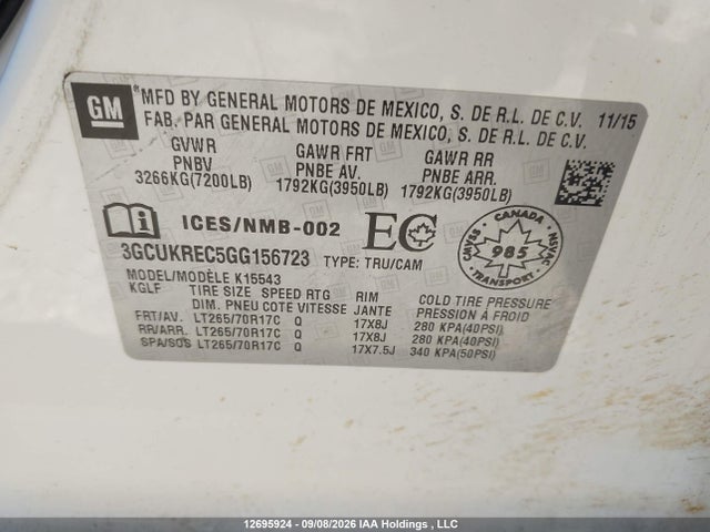Продажа на аукционе авто 2016 Chevrolet Silverado 1500 1lt, vin: 3GCUKREC5GG156723, номер лота: 12695924