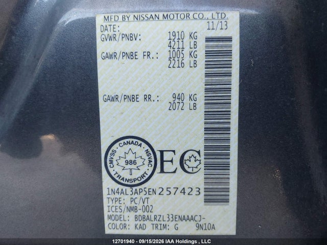 12701940 :رقم المزاد ، 1N4AL3AP5EN257423 vin ، 2014 Nissan Altima 2.5/2.5 S/2.5 Sl/2.5 Sv مزاد بيع