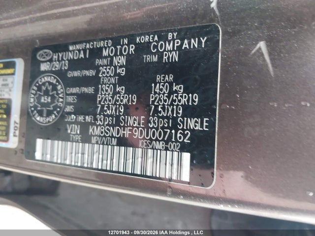 Продажа на аукционе авто 2013 Hyundai Santa Fe Xl Limited, vin: KM8SNDHF9DU007162, номер лота: 12701943