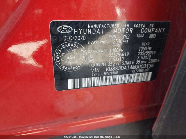 Aukcja sprzedaży 2021 Hyundai Santa Fe Preferred Hybrid Awd With Trend Package, vin: KM8S3DA14MU003136, numer aukcji: 12701945