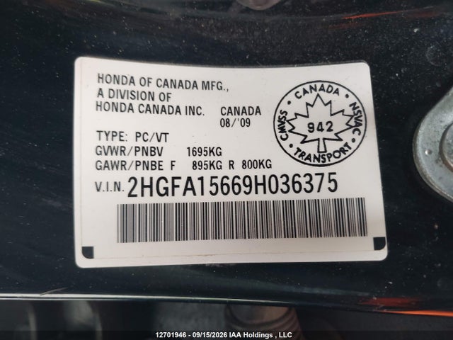 2009 Honda Civic მანქანა იყიდება აუქციონზე, vin: 2HGFA15669H036375, აუქციონის ნომერი: 12701946