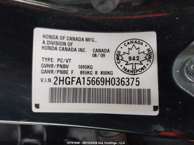 2009 Honda Civic მანქანა იყიდება აუქციონზე, vin: 2HGFA15669H036375, აუქციონის ნომერი: 12701946